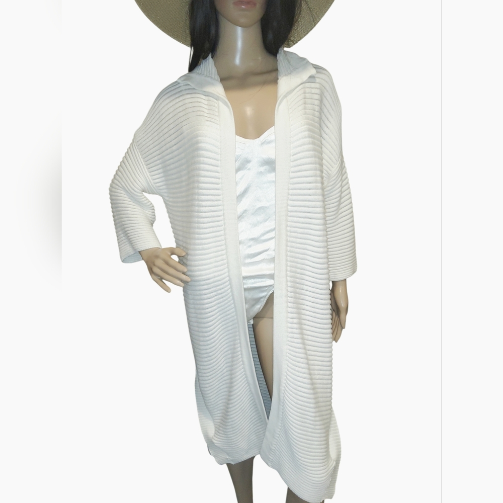Fuzzi, Italian White Ribbed Open-Front Long Cardigan, XS. 100% Cotton.